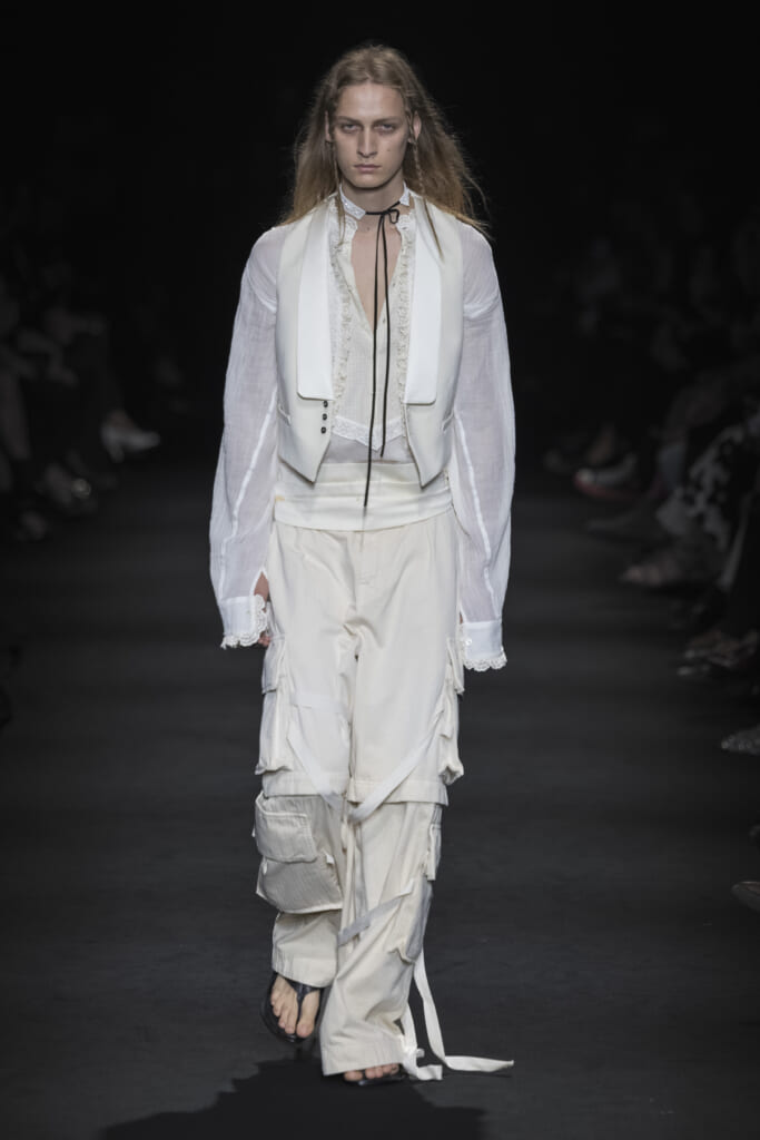 Model on the runway at the Ann Demeulemeester fashion show in Paris, Spring Summer 2027 Ready To Wear Fashion Week