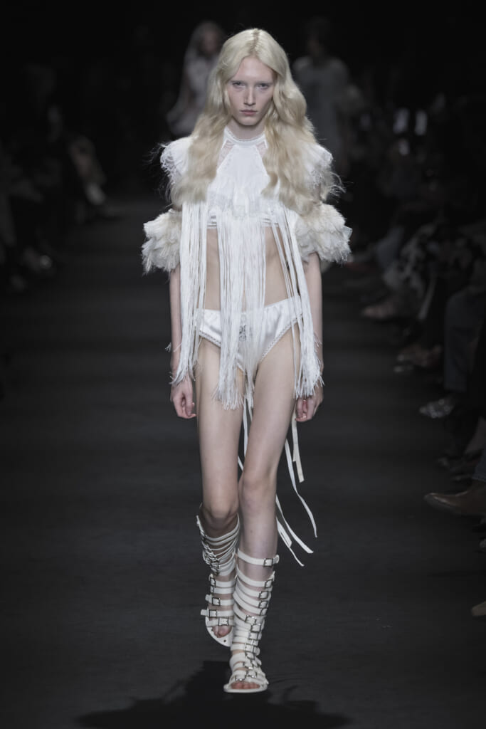 Model on the runway at the Ann Demeulemeester fashion show in Paris, Spring Summer 2027 Ready To Wear Fashion Week