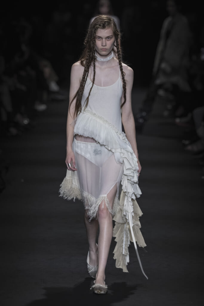 Model on the runway at the Ann Demeulemeester fashion show in Paris, Spring Summer 2027 Ready To Wear Fashion Week