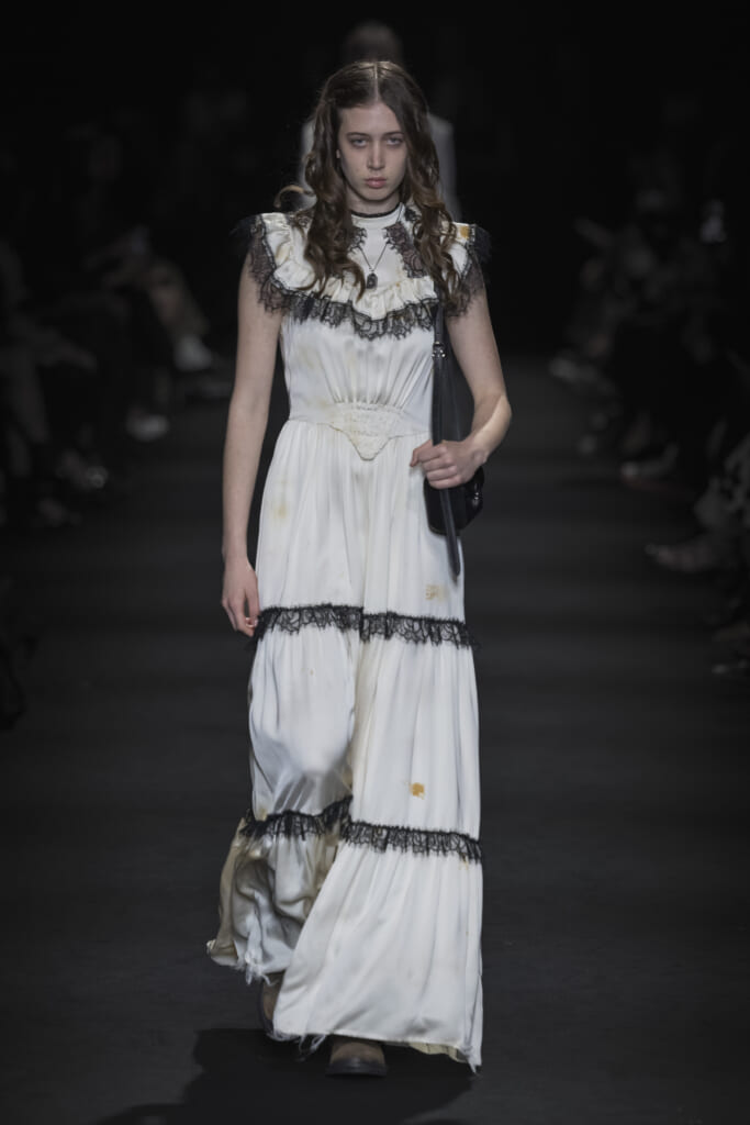 Model on the runway at the Ann Demeulemeester fashion show in Paris, Spring Summer 2027 Ready To Wear Fashion Week