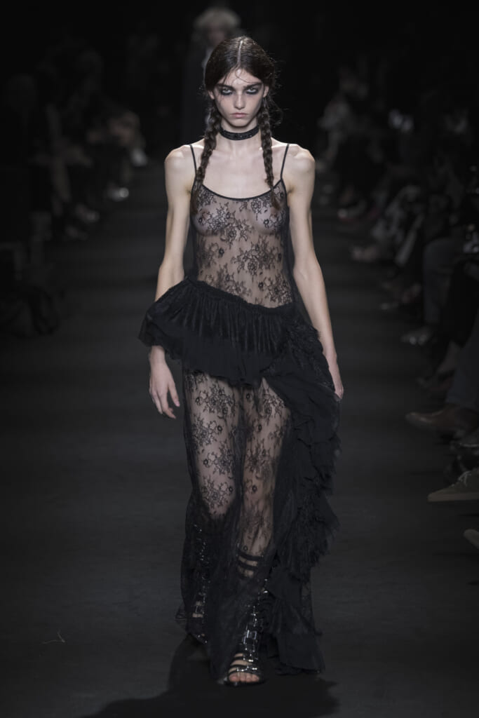 Model on the runway at the Ann Demeulemeester fashion show in Paris, Spring Summer 2027 Ready To Wear Fashion Week