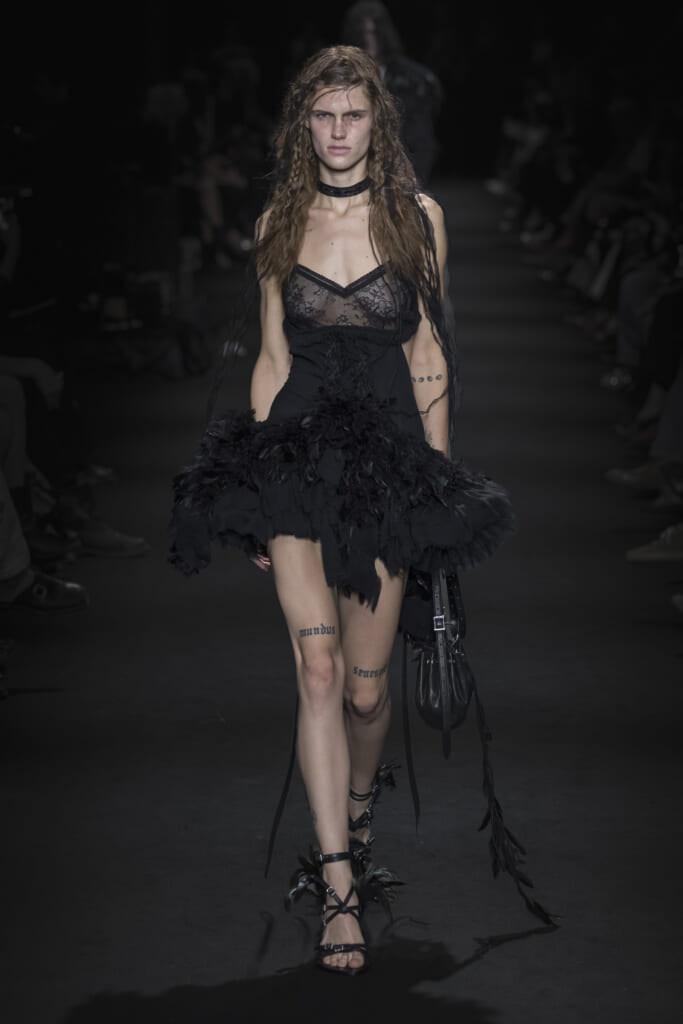 Model on the runway at the Ann Demeulemeester fashion show in Paris, Spring Summer 2027 Ready To Wear Fashion Week