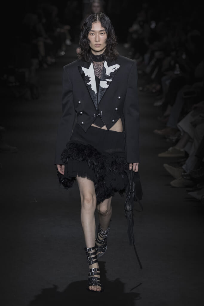 Model on the runway at the Ann Demeulemeester fashion show in Paris, Spring Summer 2027 Ready To Wear Fashion Week
